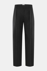 The Row Cashmere Hose 'Tami' schwarz, frontal fotografiert, aus reinem Cashmere mit weichem Griff, Regular Fit, geradem Schnitt, Bundknopf, Reißverschluss, Bundfalte, französischen Taschen und paspelierten Gesäßtaschen mit Knopf.