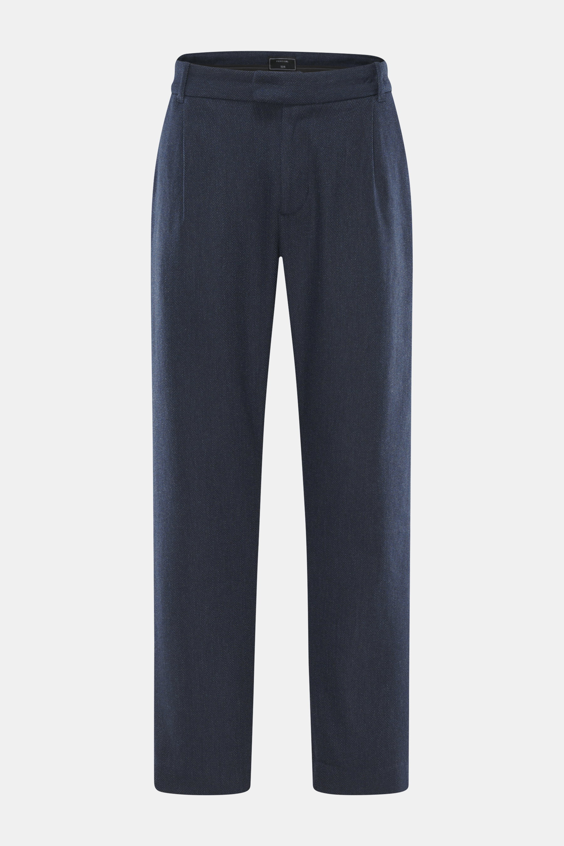 Front view of Percival Trousers 'Stanley Herringbone' dark blue made of microfiber, wool, viscose, slightly elastic, soft touch, tapered fit, ankle-length.
