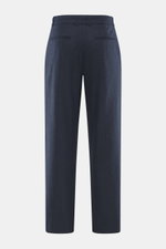 Percival Trousers 'Stanley Herringbone' dark blue shown from the back, ankle-length tapered fit with regular thigh width, classic herringbone weave in a mix of microfiber, wool, and viscose, slightly elastic quality, soft touch, single waistband pleat, zi