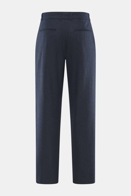 Percival Trousers 'Stanley Herringbone' dark blue shown from the back, ankle-length tapered fit with regular thigh width, classic herringbone weave in a mix of microfiber, wool, and viscose, slightly elastic quality, soft touch, single waistband pleat, zi