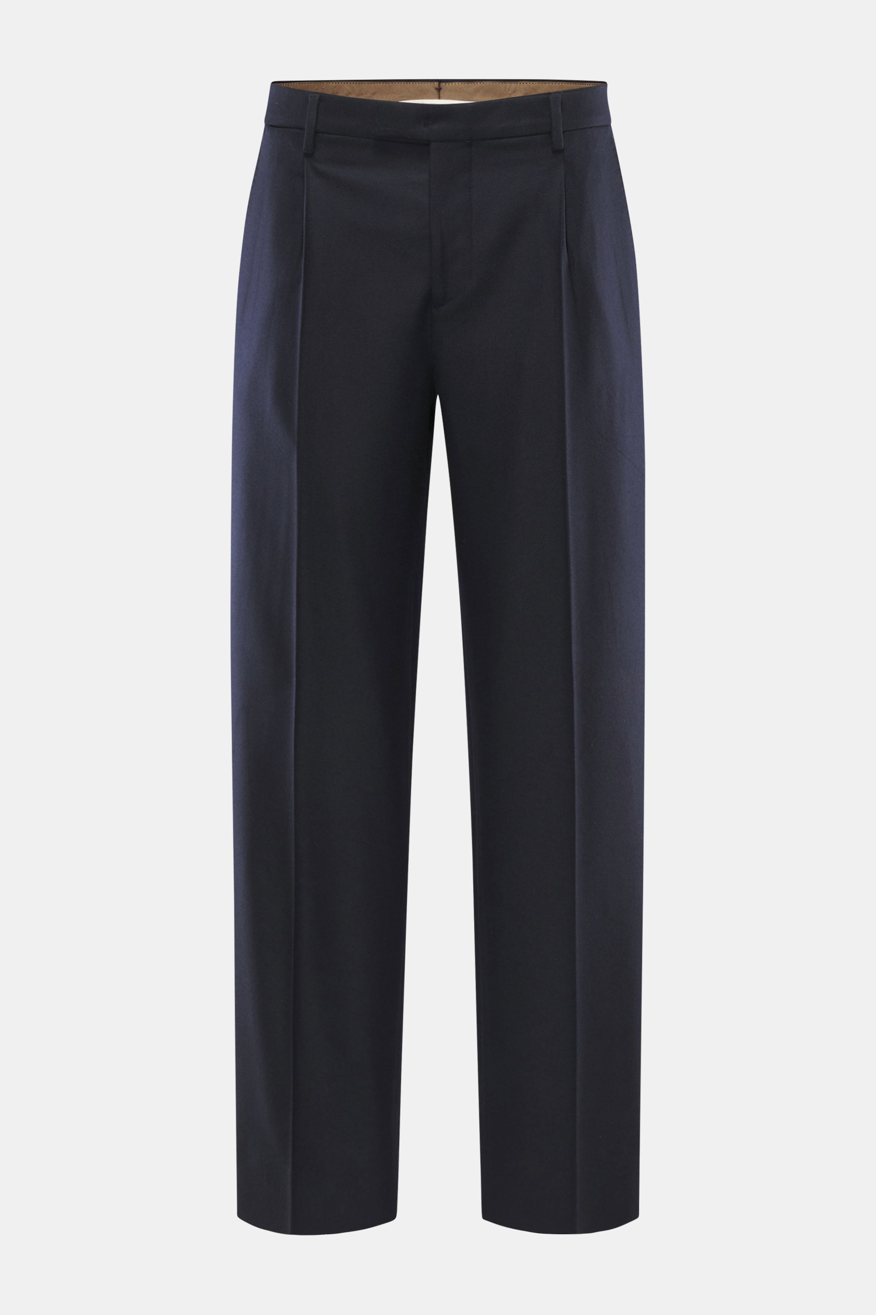Briglia 1949 Wollhose "Margutta" navy, Frontansicht, Flanell aus reiner Schurwolle, weicher Griff, Regular Fit, schmal zulaufend, Reißverschluss, Bundknopf, Bundfalte, französische Taschen, Uhrentasche, paspelierte Gesäßtaschen, eine mit Knopf.