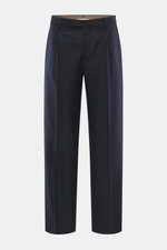 Front view of Briglia 1949 Wool trousers 'Margutta' navy, flannel pure new wool, soft feel, regular fit, slightly tapered, zipper and button, single waistband pleat, French pockets, small watch pocket, piped back pockets, one back pocket with button.