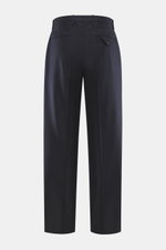 Back view of Briglia 1949 Wool trousers 'Margutta' navy, flannel pure new wool, soft feel, regular fit, tapered, zipper, button, pleat, French pockets, watch pocket, piped back pockets, one buttoned back pocket.