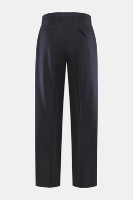 Back view of Briglia 1949 Wool trousers 'Margutta' navy, flannel pure new wool, soft feel, regular fit, tapered, zipper, button, pleat, French pockets, watch pocket, piped back pockets, one buttoned back pocket.