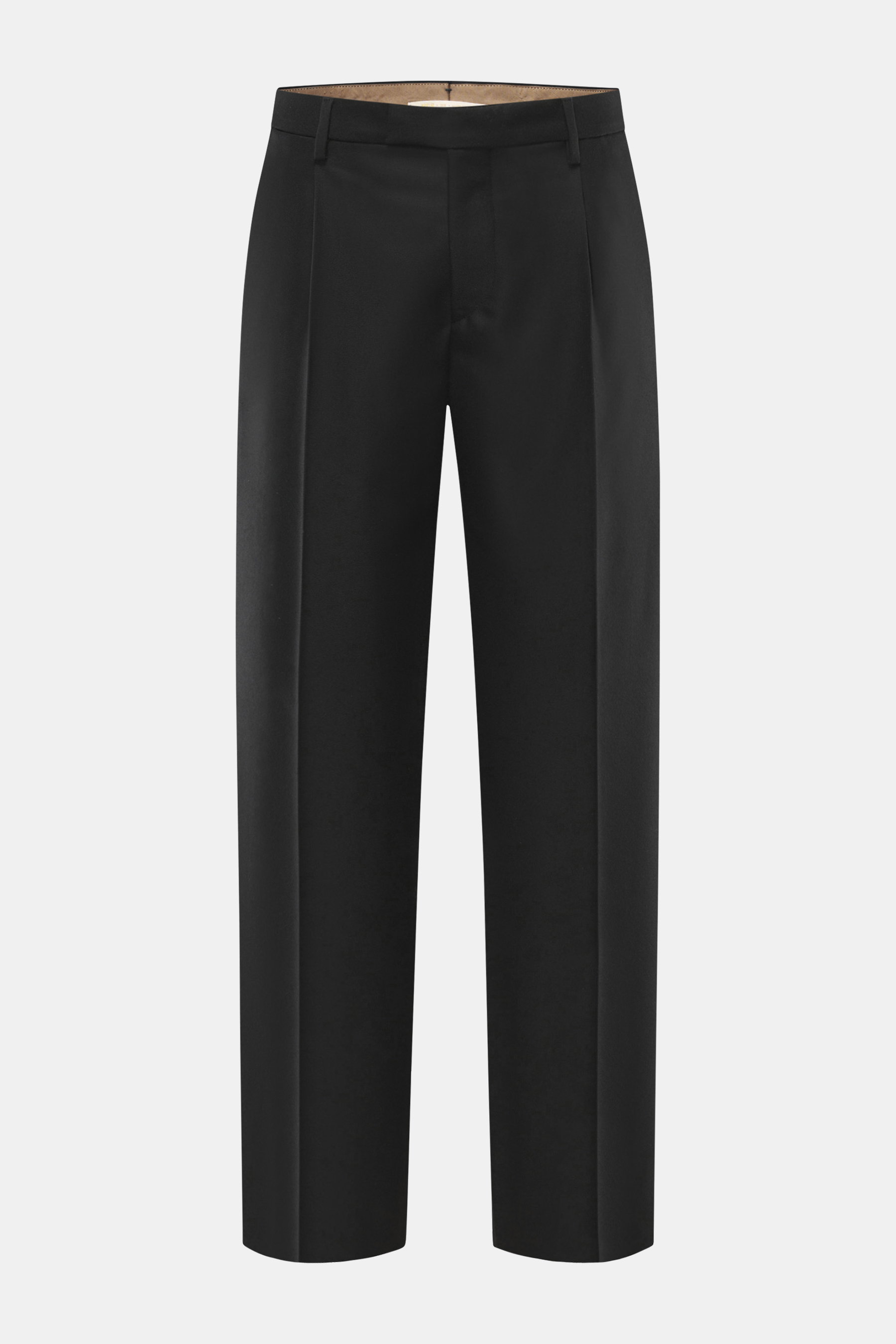 Briglia 1949 Wollhose 'Margutta' schwarz, Frontansicht, Flanell aus reiner Schurwolle, weicher Griff, Regular Fit, schmal zulaufend, Reißverschluss, Bundknopf, einfache Bundfalte, französische Taschen, kleine Uhrentasche, paspelierte Gesäßtaschen, eine mi