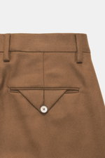 Close-up rear view of Briglia 1949 Wool trousers 'Margutta' brown, flannel pure new wool, soft feel, regular fit, tapered, zipper and waistband button, single waistband pleat, French pockets, small watch pocket, piped back pockets, one back pocket with bu