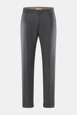 Briglia 1949 Wollhose 'Tiberios' dunkelgrau meliert, frontale Ansicht, Twill aus reiner Schurwolle, weich, elastisch, Tapered Fit, knöchellang, Bundknöpfe, Bundfalte, Taschen.