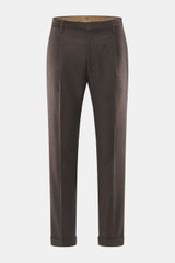 Briglia 1949 Wollhose 'Tiberios' dunkelbraun meliert, frontale Ansicht, Twill aus Schurwolle, Tapered Fit, knöchellang, Bundknöpfe, Reißverschluss, Taschen.