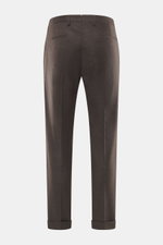 Briglia 1949 Wollhose "Tiberios" dunkelbraun meliert, Rückansicht, Twill aus reiner Schurwolle, leicht elastisch, weicher Griff, Tapered Fit, knöchellang, Bundknöpfe, französische Taschen.