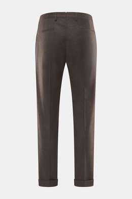 Briglia 1949 Wollhose "Tiberios" dunkelbraun meliert, Rückansicht, Twill aus reiner Schurwolle, leicht elastisch, weicher Griff, Tapered Fit, knöchellang, Bundknöpfe, französische Taschen.