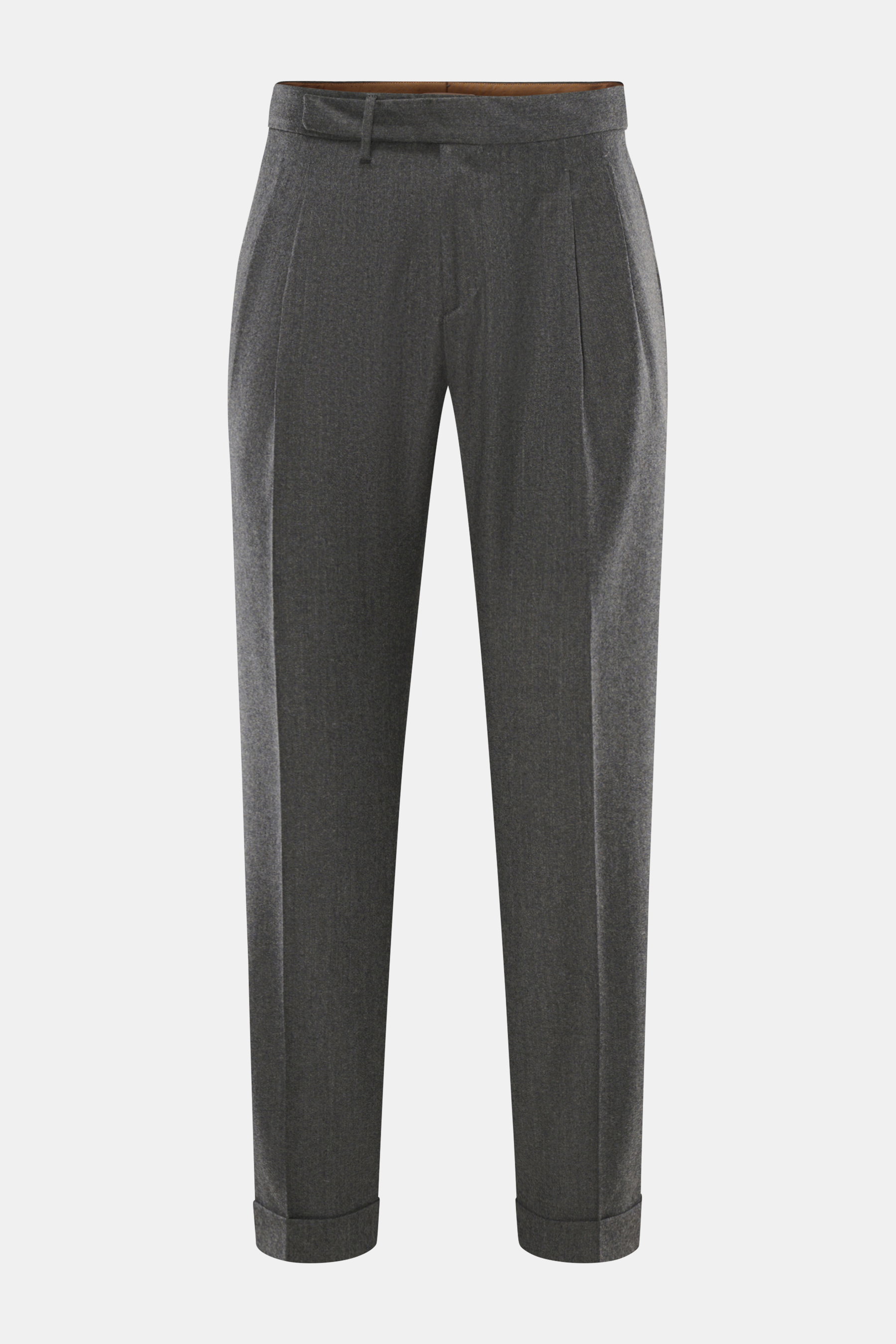 Briglia 1949 Wollhose 'Quartieri' dunkelgrau meliert, Frontansicht, Tapered Fit, Schurwolle mit Cashmere, weicher Griff, Twill, Side-Adjuster, Bundknöpfe, Reißverschluss, doppelte Bundfalte, französische Taschen, Gesäßtaschen mit Patte, knöchellang, fixie