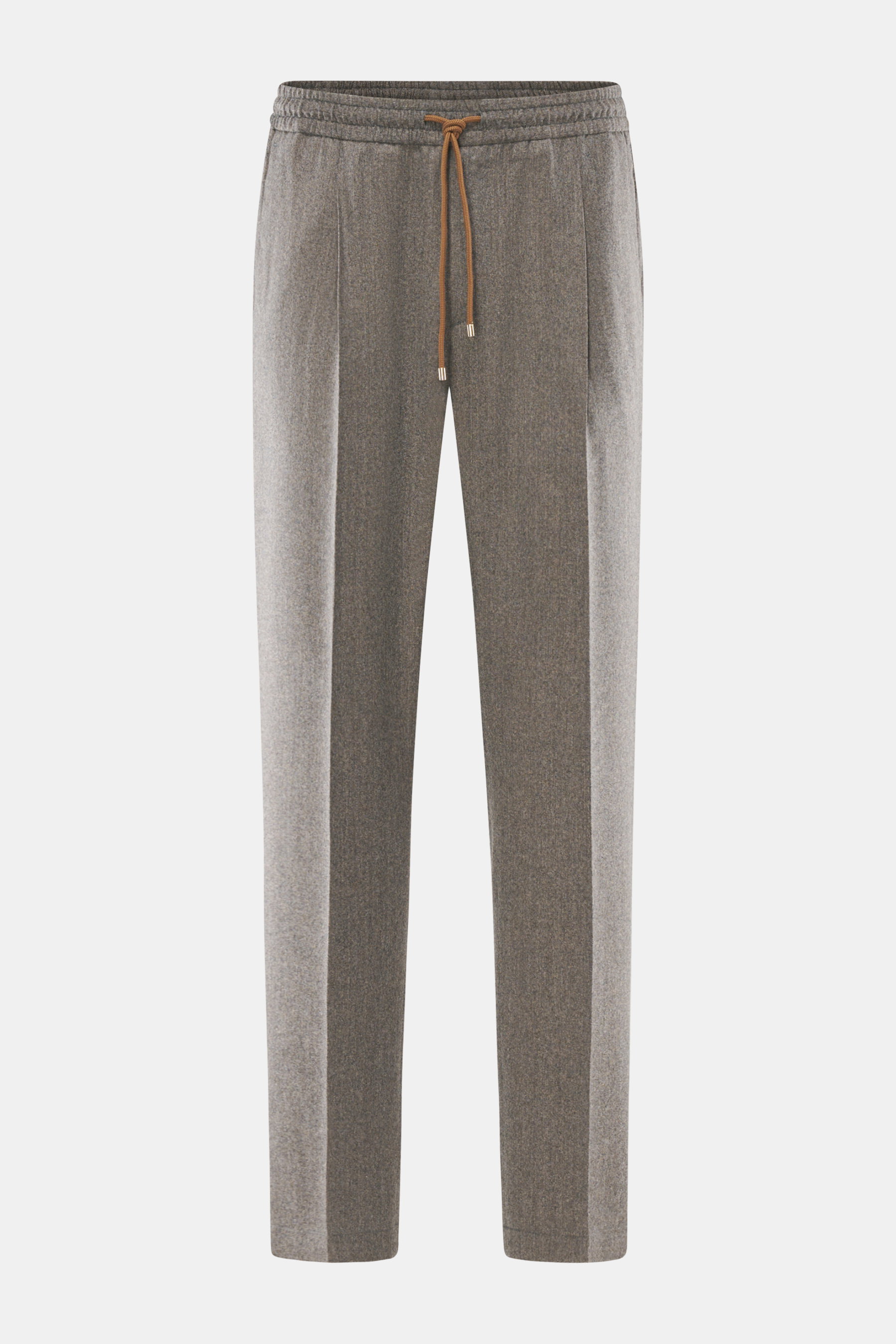 Briglia 1949 Woll-Jogpants 'Wimbledon' grau/braun meliert, frontale Nahaufnahme, reine Wolle, weicher Griff, Tapered Fit, elastischer Bund, knöchellang.