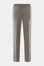 Front view of Briglia 1949 Wool Jogpants 'Wimbledon' grey/brown melange featuring tapered fit, elastic waistband with drawstring, zip fly, single front pleat, French and welt back pockets, made of pure wool with a soft touch, lightweight quality, regular 