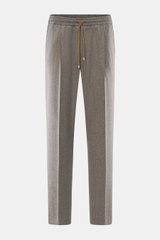 Front view of Briglia 1949 Wool Jogpants 'Wimbledon' grey/brown melange featuring tapered fit, elastic waistband with drawstring, zip fly, single front pleat, French and welt back pockets, made of pure wool with a soft touch, lightweight quality, regular 