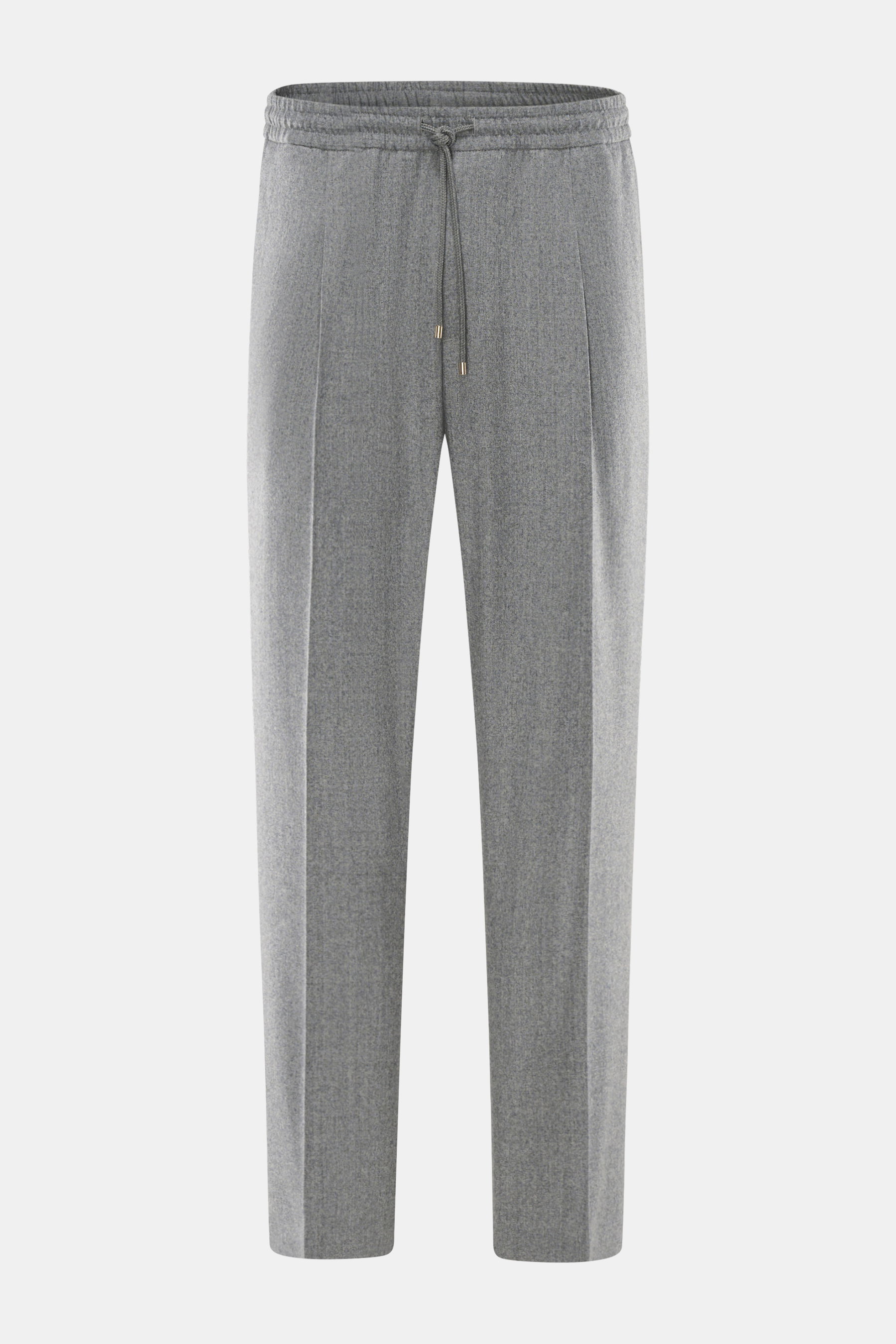 Front view of Briglia 1949 Wool Jogpants 'Wimbledon' grey melange, lightweight pure wool tapered jogpants with elastic waistband, drawstring, zip fly, pleats, and French and welt pockets, designed for Italian style and high wearing comfort.