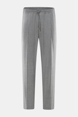 Front view of Briglia 1949 Wool Jogpants 'Wimbledon' grey melange, lightweight pure wool tapered jogpants with elastic waistband, drawstring, zip fly, pleats, and French and welt pockets, designed for Italian style and high wearing comfort.