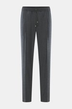 Front view of Briglia 1949 Wool Jogpants 'Wimbledon' Anthracite Melange, lightweight pure wool tapered fit jogpants with elastic waistband, drawstring, zip fly, single front pleat, French and welt back pockets, ankle length, and soft touch. Italian style 