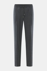 Front view of Briglia 1949 Wool Jogpants 'Wimbledon' Anthracite Melange, lightweight pure wool tapered fit jogpants with elastic waistband, drawstring, zip fly, single front pleat, French and welt back pockets, ankle length, and soft touch. Italian style 