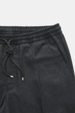 Close-up front view of Briglia 1949 Wool Jogpants 'Wimbledon' Anthracite Melange, showing elastic waistband with drawstring, zip fly, and French pockets, made of pure wool with soft touch, lightweight quality, tapered fit, regular thigh width, ankle lengt