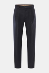 Front view of Briglia 1949 Wool trousers 'Platti' navy, flannel made of pure new wool, slightly elastic quality, soft feel, regular fit, slightly tapered, zipper and waistband button, double waistband pleat, slant welt pockets, back pockets with button.