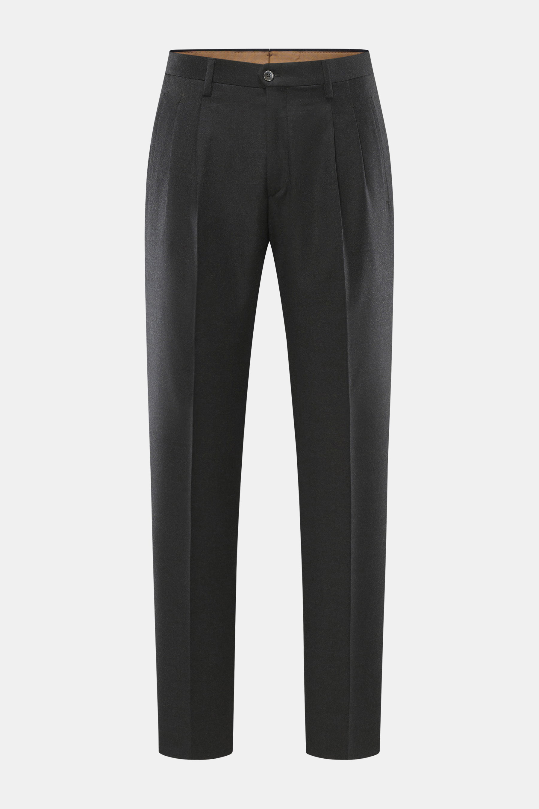 Vorderansicht der Briglia 1949 Wollhose 'Platti' dunkelgrau meliert, Flanell aus reiner Schurwolle, leicht elastisch, Regular Fit, weicher Griff, schmal zulaufend, Bundknopf, Reißverschluss, doppelte Bundfalte, schräge Leistentaschen, Gesäßtaschen mit Kno