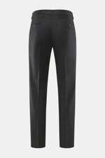 Back view of Briglia 1949 Wool trousers 'Platti' dark grey melange, flannel pure new wool, slightly elastic, soft feel, regular fit, tapered, zipper and button, double waistband pleat, slant welt pockets, back pockets with button.