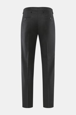 Back view of Briglia 1949 Wool trousers 'Platti' dark grey melange, flannel pure new wool, slightly elastic, soft feel, regular fit, tapered, zipper and button, double waistband pleat, slant welt pockets, back pockets with button.