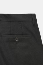 Briglia 1949 Wool trousers 'Platti' dark grey melange photographed from the back, showing soft flannel pure new wool, regular fit, slightly tapered, double waistband pleat, zipper and button, slant welt pockets, back pockets with button, slightly elastic 