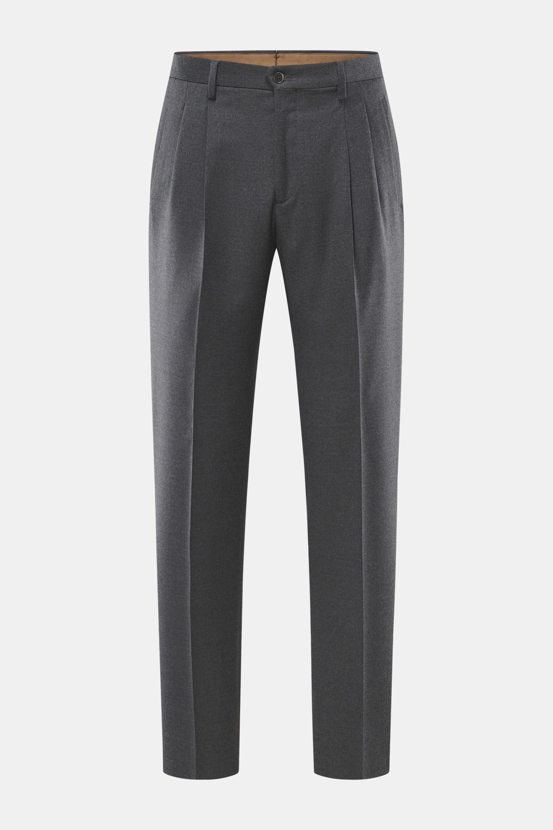 Briglia 1949 Wollhose 'Platti' grau meliert, Frontansicht, Flanell aus reiner Schurwolle, Regular Fit, Bundknopf, Reißverschluss, schräge Leistentaschen, doppelte Bundfalte, Gesäßtaschen mit Knopf, leicht elastisch, weicher Griff, leicht schmal zulaufend.