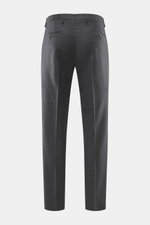 Briglia 1949 Wool trousers 'Platti' grey melange shown from the back, flannel pure new wool, slightly elastic, soft feel, regular fit, tapered, zipper and waistband button, double waistband pleat, slant welt pockets, back pockets with button.