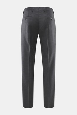 Briglia 1949 Wool trousers 'Platti' grey melange shown from the back, flannel pure new wool, slightly elastic, soft feel, regular fit, tapered, zipper and waistband button, double waistband pleat, slant welt pockets, back pockets with button.