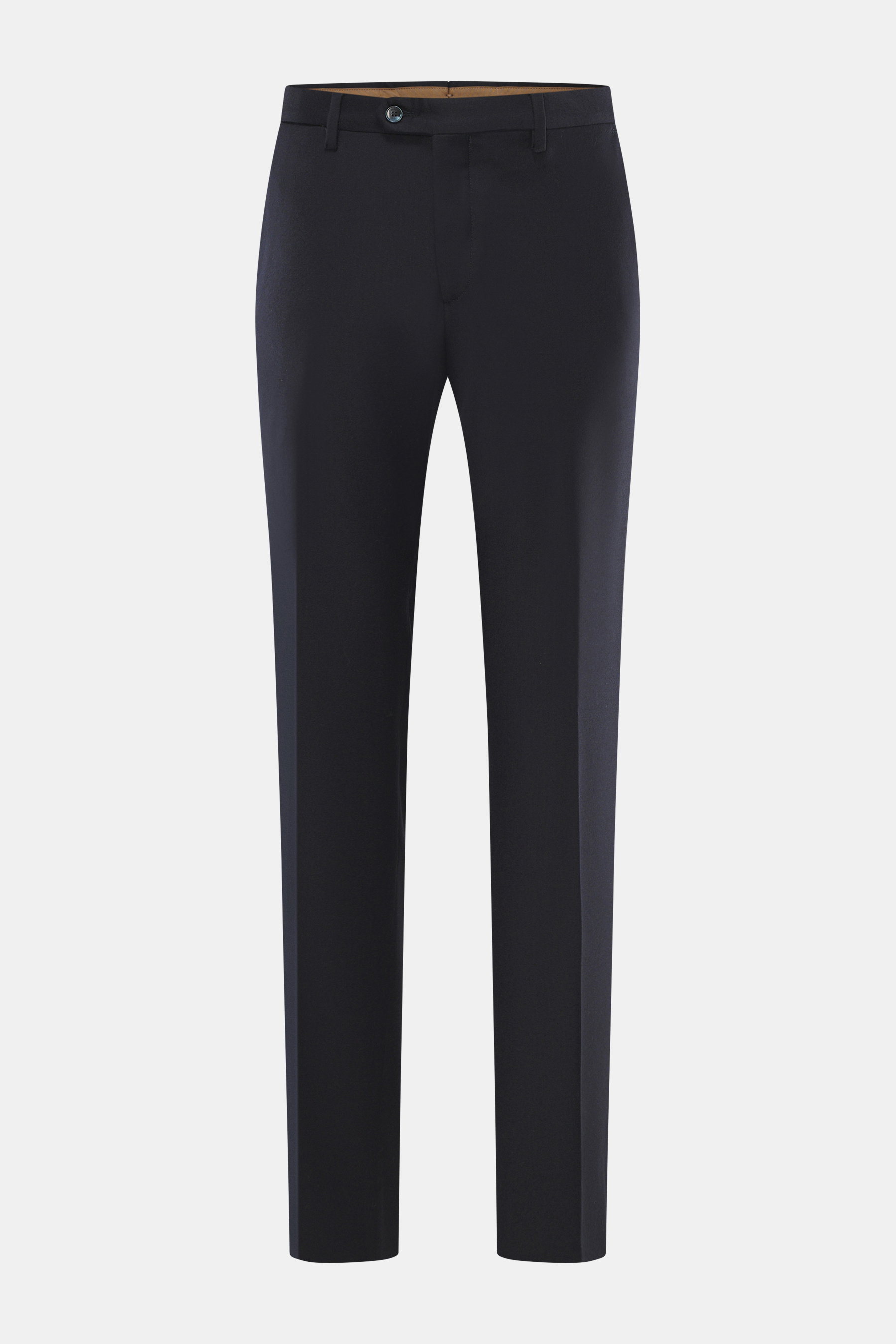 Briglia 1949 Wollhose 'Naviglio' navy meliert, frontale Ansicht, Regular Fit aus weicher, leicht elastischer Schurwolle mit Bundknopf, Reißverschluss, französischen Taschen, Uhrentasche und Knopf-Gesäßtaschen.