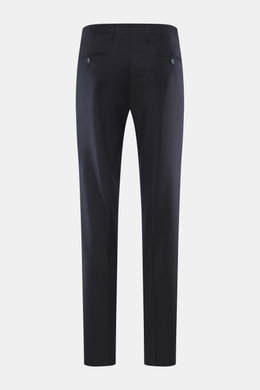 Briglia 1949 Wool pants 'Naviglio' navy melange shown from the back, made of fine twill virgin wool, slightly elastic, soft touch, Regular Fit, tapered, with zipper, waistband button, French pockets, small watch pocket, and back pockets with button. Soft 