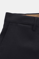 Close-up front view of Briglia 1949 Wool pants 'Naviglio' navy melange showing waistband, belt loop, and pocket details in soft, slightly elastic virgin wool.