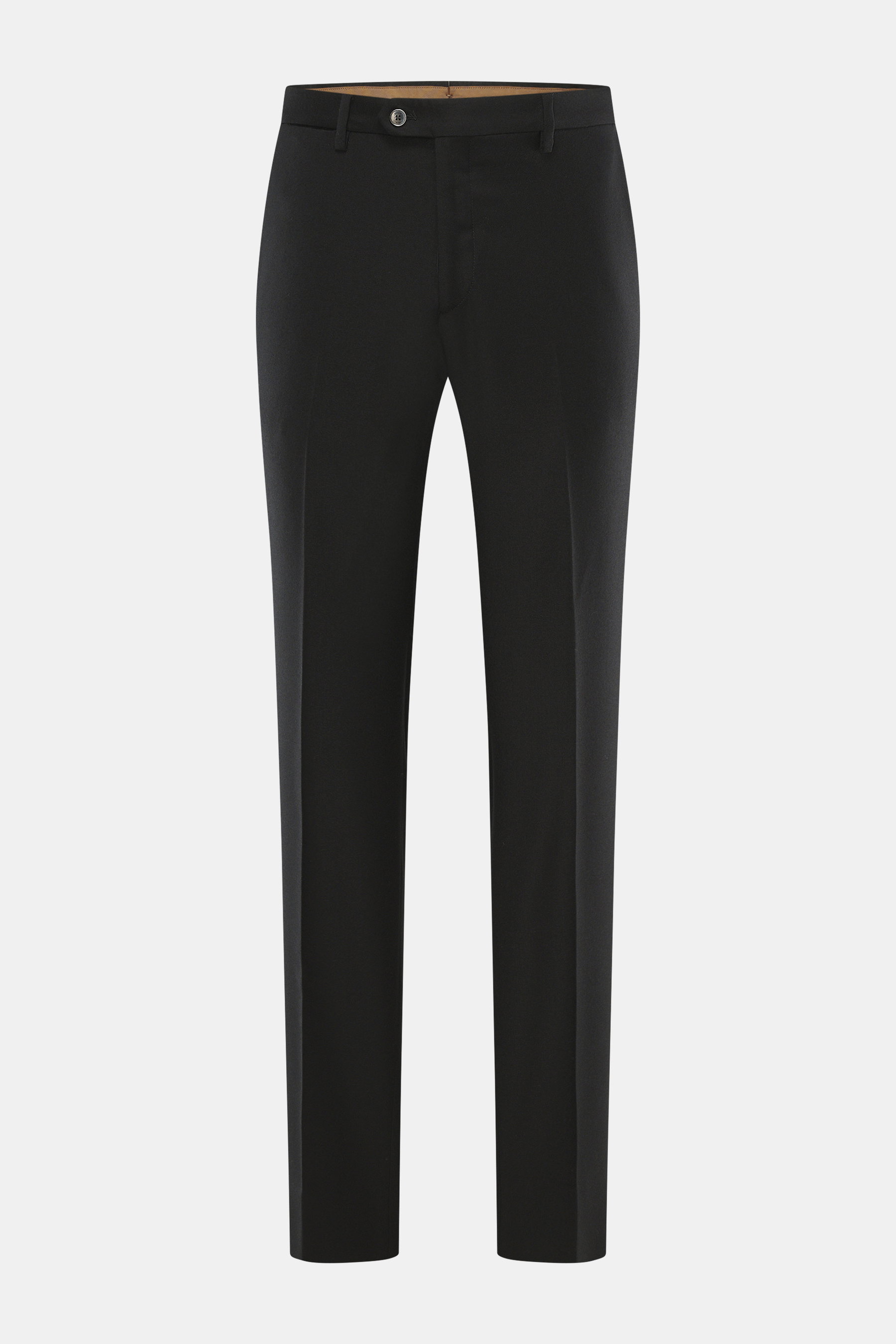 Briglia 1949 Wollhose 'Naviglio' schwarz, frontale Nahaufnahme, weicher Griff, feiner Twill, Regular Fit, leicht elastisch, schmal zulaufend, mit Bundknopf, Reißverschluss, französischen Taschen, Uhrentasche und Gesäßtaschen.