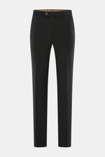Front view of Briglia 1949 Wool pants 'Naviglio' black, made of fine twill virgin wool with slight elasticity, soft touch, Regular Fit, tapered legs, zipper and button waistband, French pockets, small watch pocket, and back button pockets.