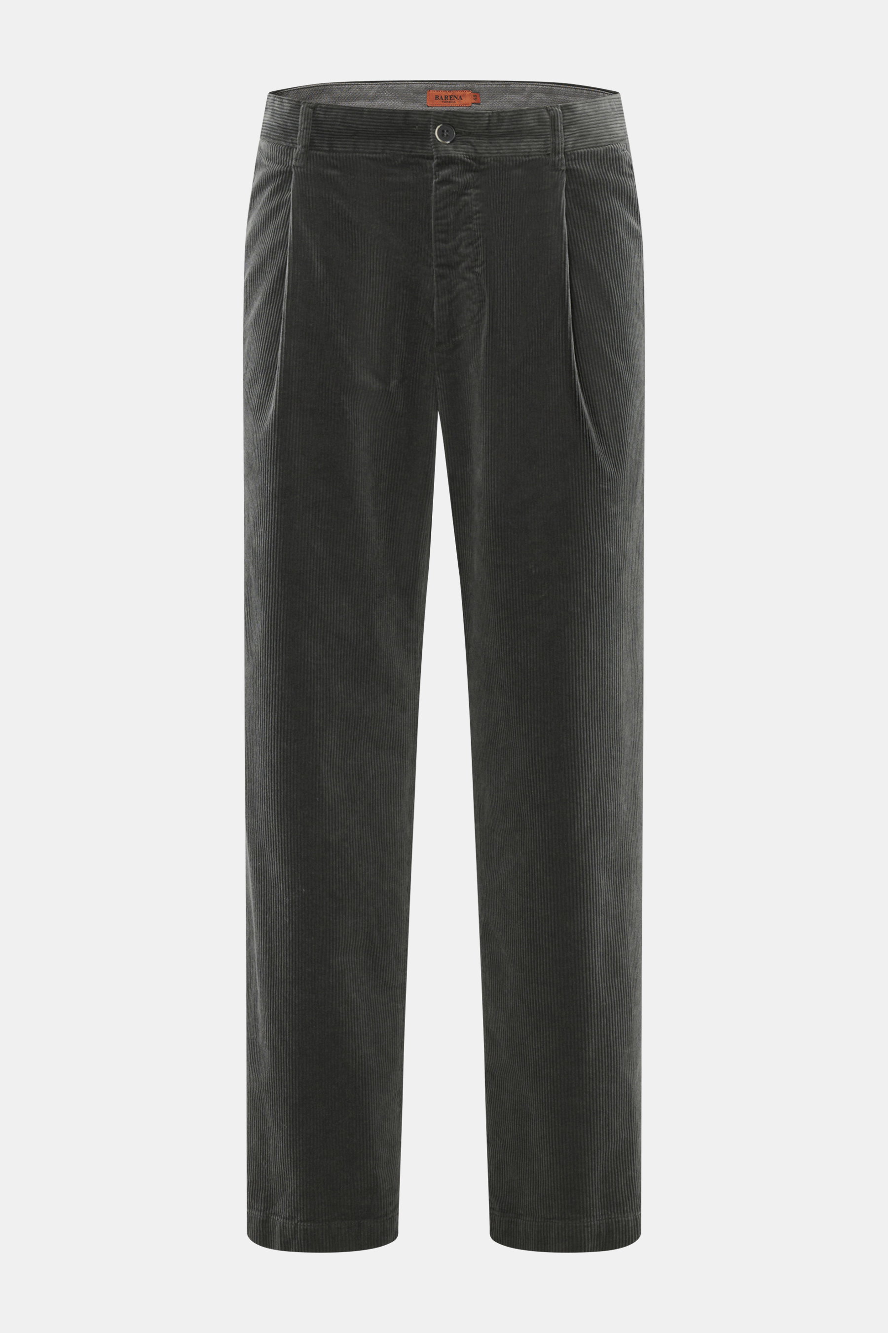 Barena Venezia Cordhose dunkelgrau aus Baumwoll-Modal-Mix, Frontansicht, weich, elastisch, Bundfalten, Tapered Fit, knöchellang, französische und Gesäßtaschen.