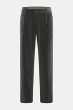 Barena Venezia Cordhose dunkelgrau aus Baumwoll-Modal-Mix, Frontansicht, weich, elastisch, Bundfalten, Tapered Fit, knöchellang, französische und Gesäßtaschen.