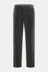 Barena Venezia Cordhose dunkelgrau aus Baumwoll-Modal-Mix, Frontansicht, weich, elastisch, Bundfalten, Tapered Fit, knöchellang, französische und Gesäßtaschen.