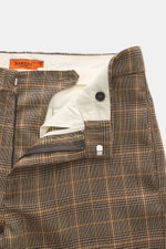 Barena Venezia Wool trousers 'Delfo Brenton' light brown/black/brown checkered shown from a close-up top front view, pure new wool, smooth feel, classic glen check pattern, regular fit, straight cut, zipper and waistband hook, side seam pockets, back pock