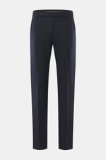 Dondup Wollhose 'Spiritissimo' navy aus feinem, elastischem Schurwoll-Flanell, Slim Fit, schmal zulaufend, mit Reißverschluss, Slide Button, französischen Taschen, paspelierten Gesäßtaschen mit Knopf und Metallinitial, frontale Produktansicht.