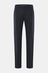 Dondup Wollhose 'Spiritissimo' navy aus feinem, elastischem Schurwoll-Flanell, Slim Fit, schmal zulaufend, mit Reißverschluss, Slide Button, französischen Taschen, paspelierten Gesäßtaschen mit Knopf und Metallinitial, frontale Produktansicht.