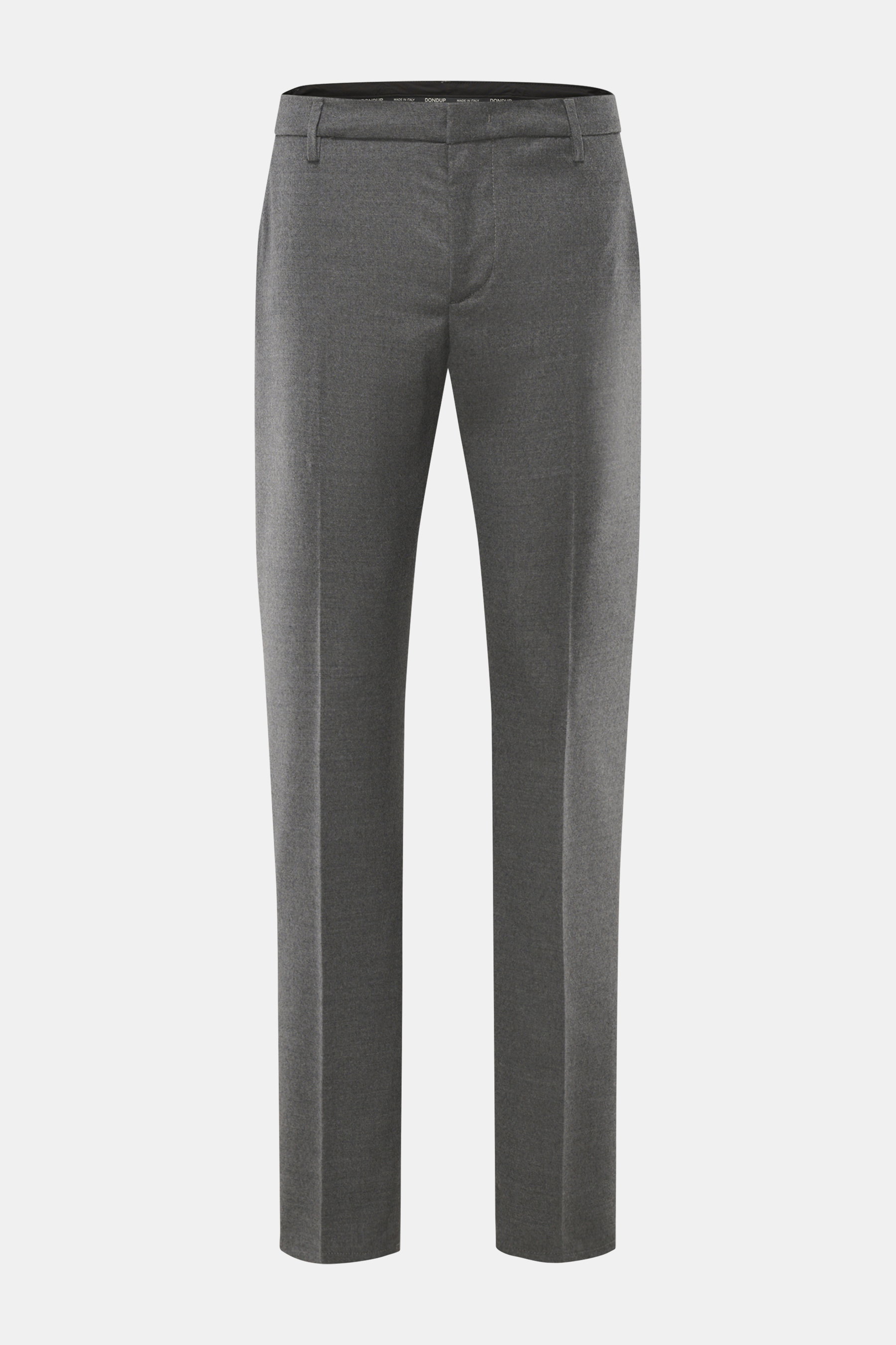 Frontansicht der Dondup Wollhose 'Spiritissimo' grau meliert aus feinem, elastischem Schurwoll-Flanell, Slim Fit, mit Reißverschluss, Slide Button und Taschen.