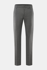 Frontansicht der Dondup Wollhose 'Spiritissimo' grau meliert aus feinem, elastischem Schurwoll-Flanell, Slim Fit, mit Reißverschluss, Slide Button und Taschen.