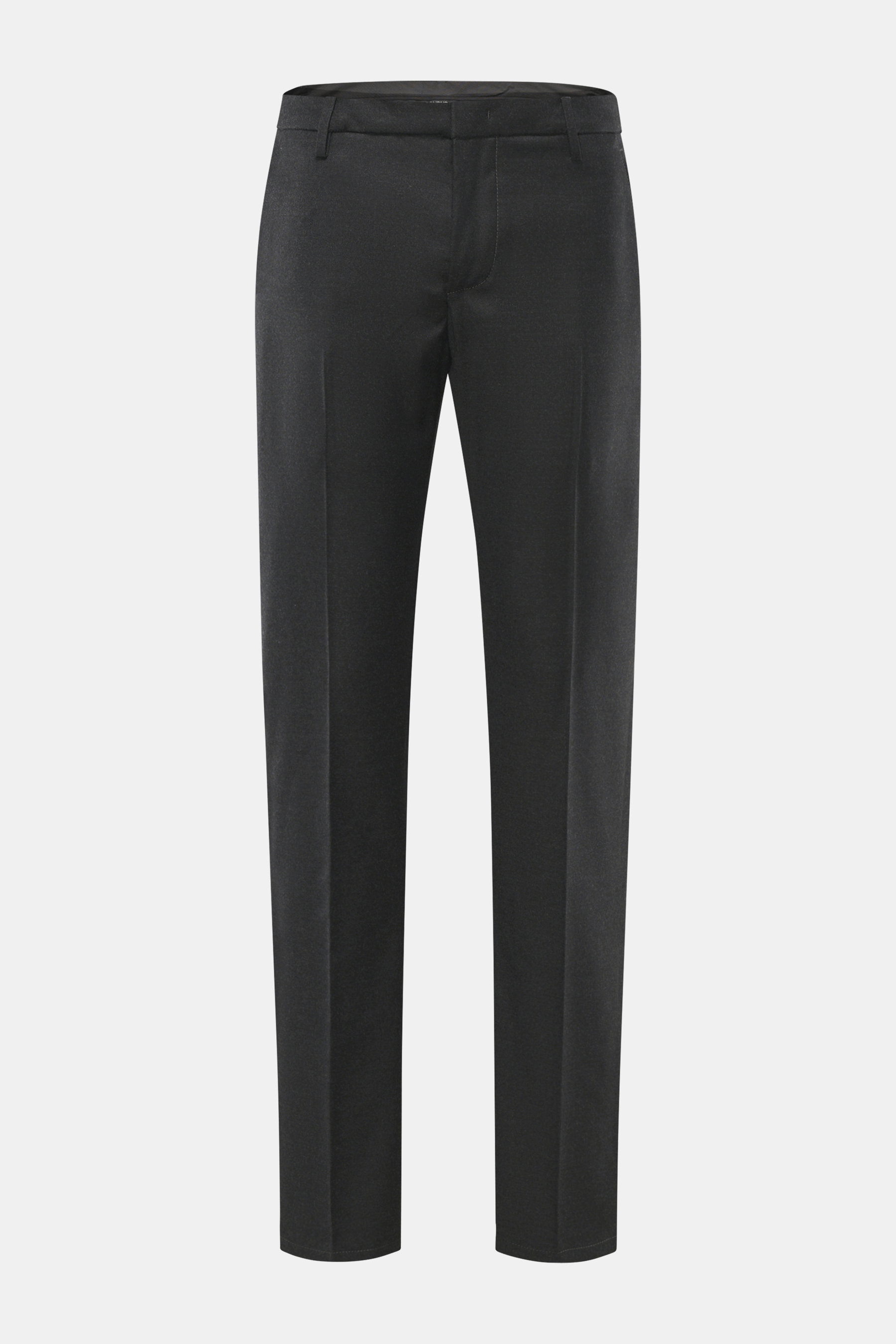 Dondup Wollhose 'Spiritissimo' anthrazit, Slim Fit, aus feinem, elastischem Schurwollflanell, frontale Nahaufnahme mit Reißverschluss, Taschen, schmal zulaufend.
