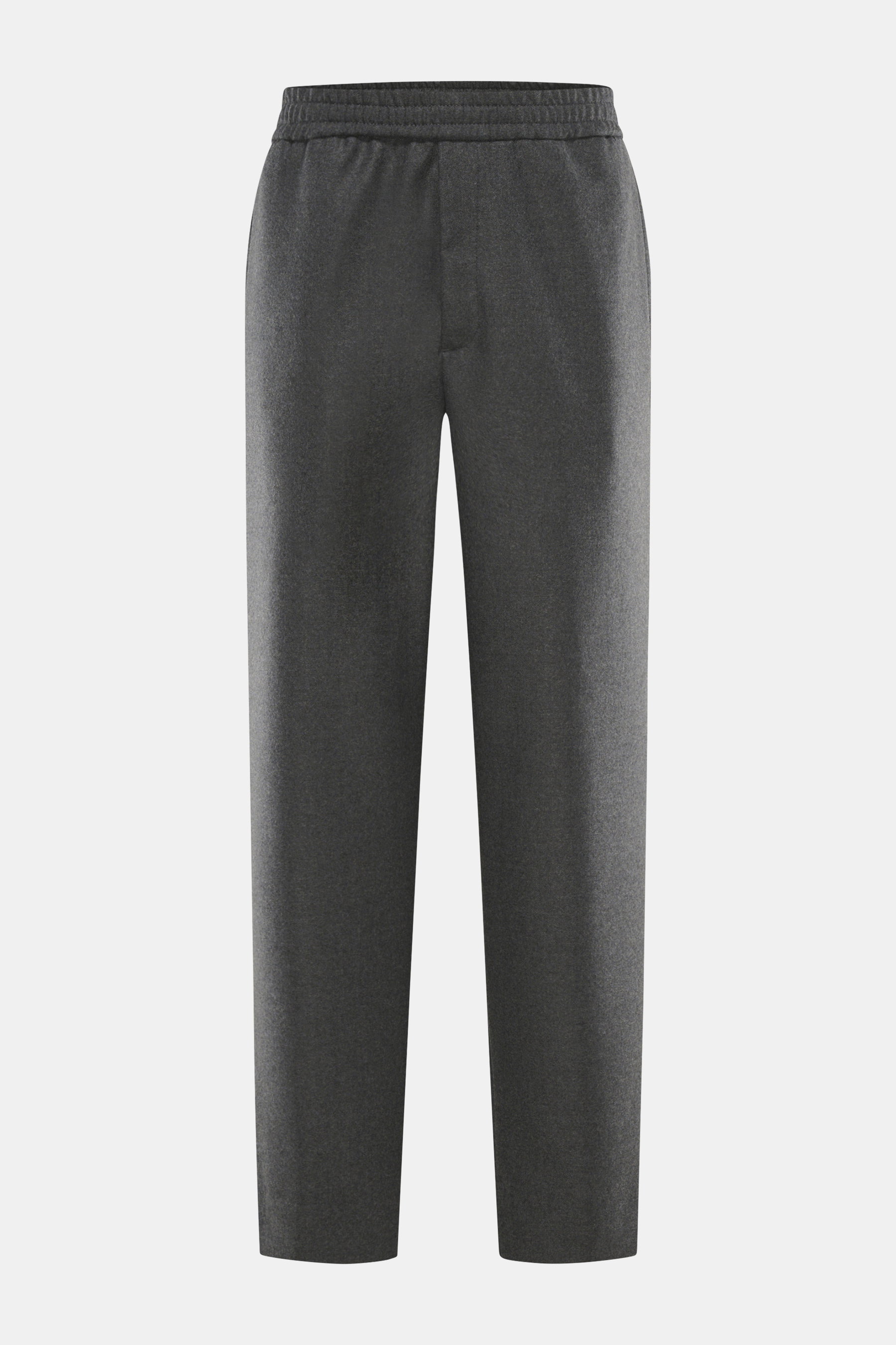 Front view of Officine Générale Wool Jogpants 'Walter' dark grey melange, showing elastic waistband with drawstring, zip fly, side seam pockets, and tapered fit ankle-length wool twill pants with soft feel. Parisian casualness with a modern touch: OFFICIN