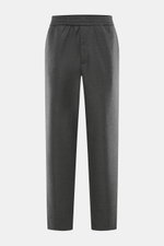 Front view of Officine Générale Wool Jogpants 'Walter' dark grey melange, showing elastic waistband with drawstring, zip fly, side seam pockets, and tapered fit ankle-length wool twill pants with soft feel. Parisian casualness with a modern touch: OFFICIN