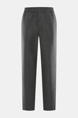 Front view of Officine Générale Wool Jogpants 'Walter' dark grey melange, showing elastic waistband with drawstring, zip fly, side seam pockets, and tapered fit ankle-length wool twill pants with soft feel. Parisian casualness with a modern touch: OFFICIN