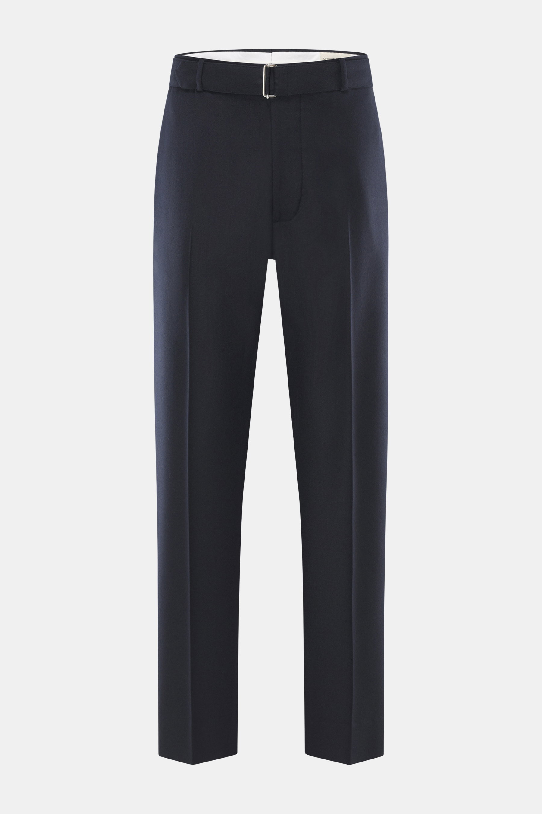 Officine Générale Wool pants 'Hoche' navy front view on white background, pure virgin wool twill, soft touch, tapered fit, ankle-length.