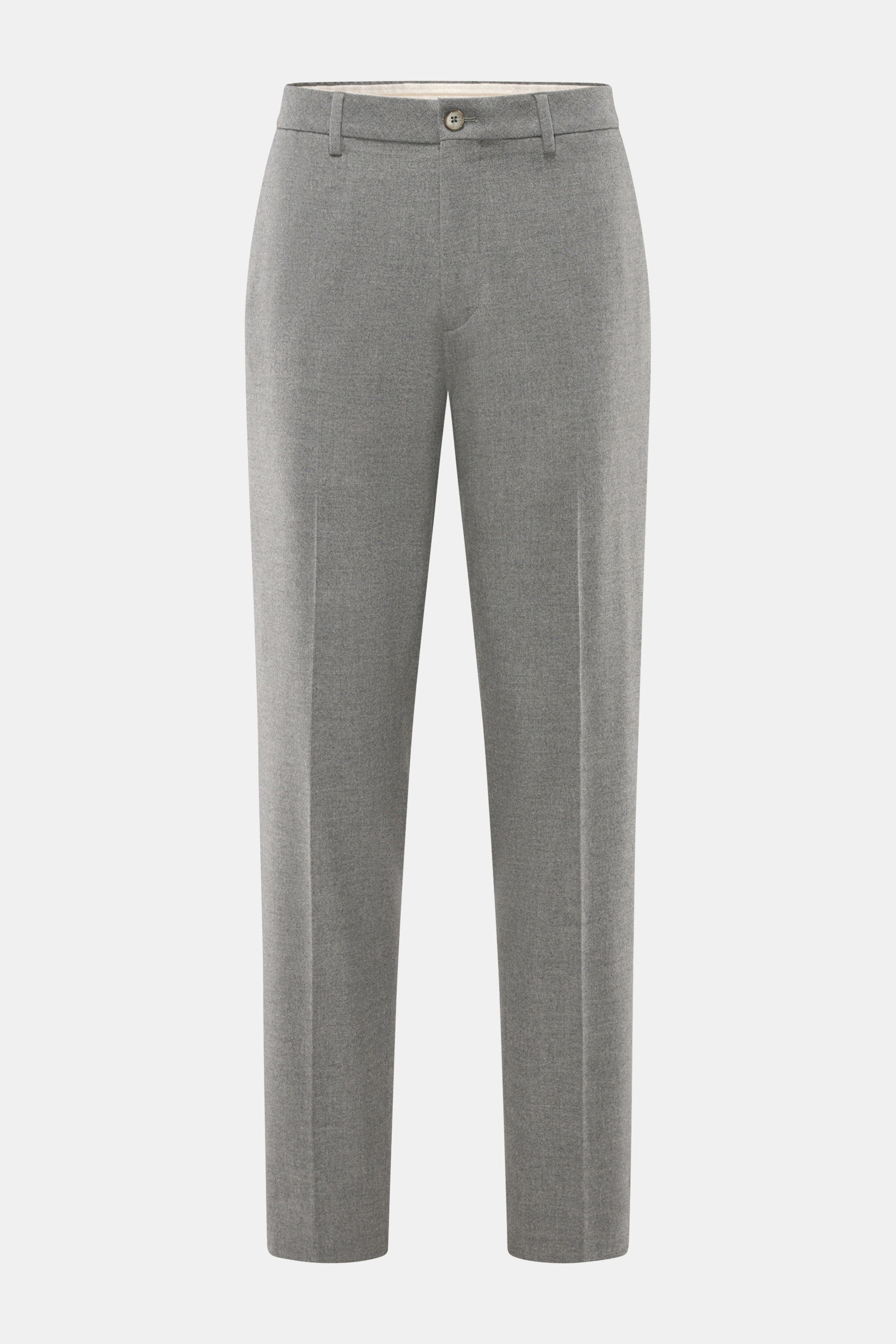 GTA Hose 'Davide' grau meliert, Frontansicht, Mix aus Microfaser und Viskose, elastisch, softer Griff, Regular Fit, schmal zulaufend, Reißverschluss, Bundknopf, innenliegendes Band, französische Taschen, kleines Logo, Gesäßtaschen mit Knopf.